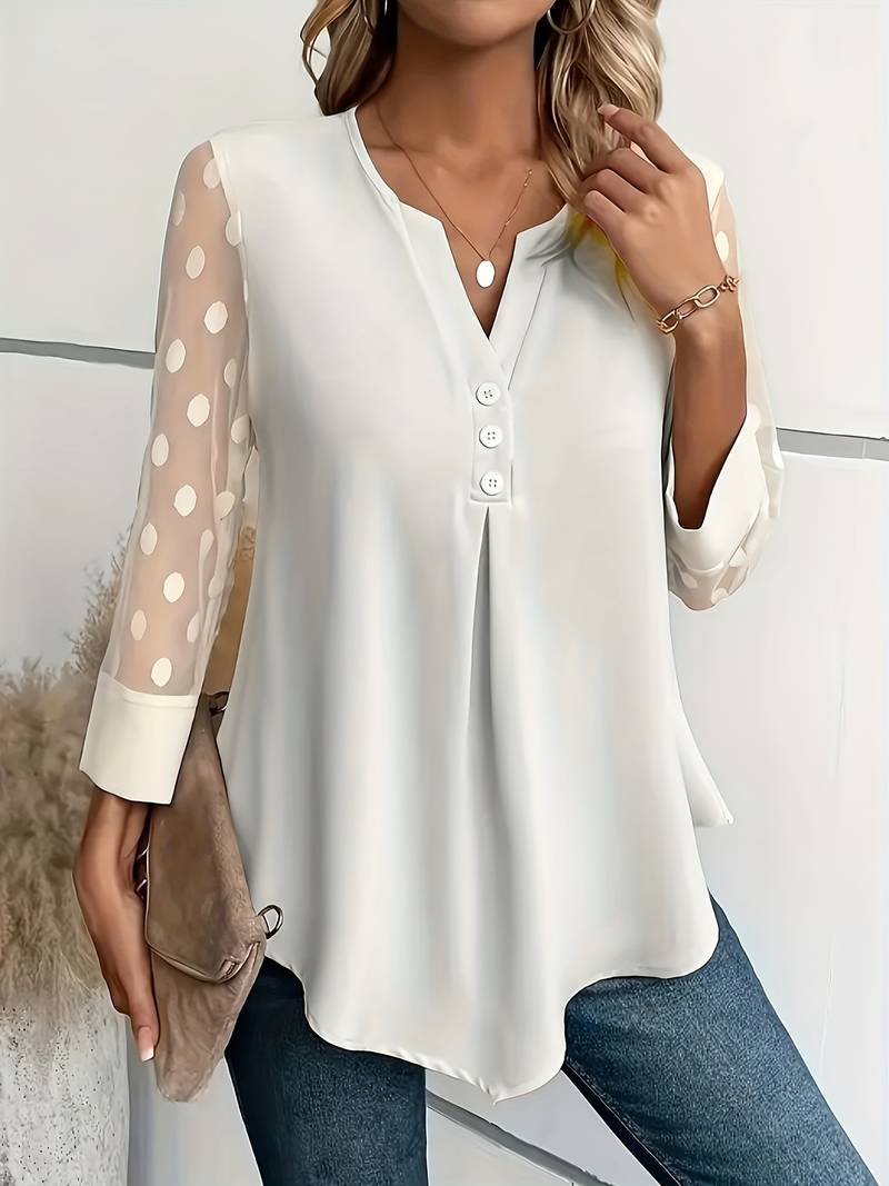 Elegant V-ringad blus med prickiga ärmar för kvinnor