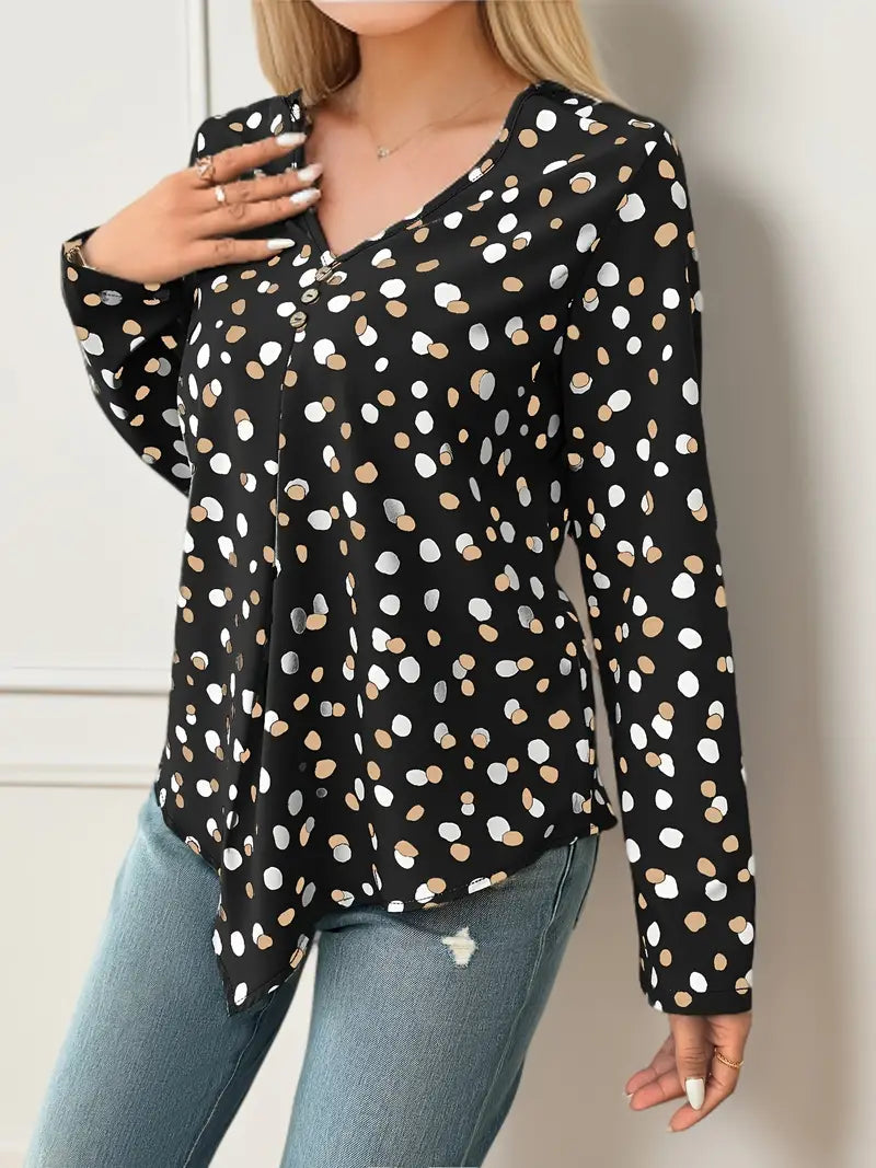Chic lös och stilren blus med prickmönster och långa ärmar för kvinnor