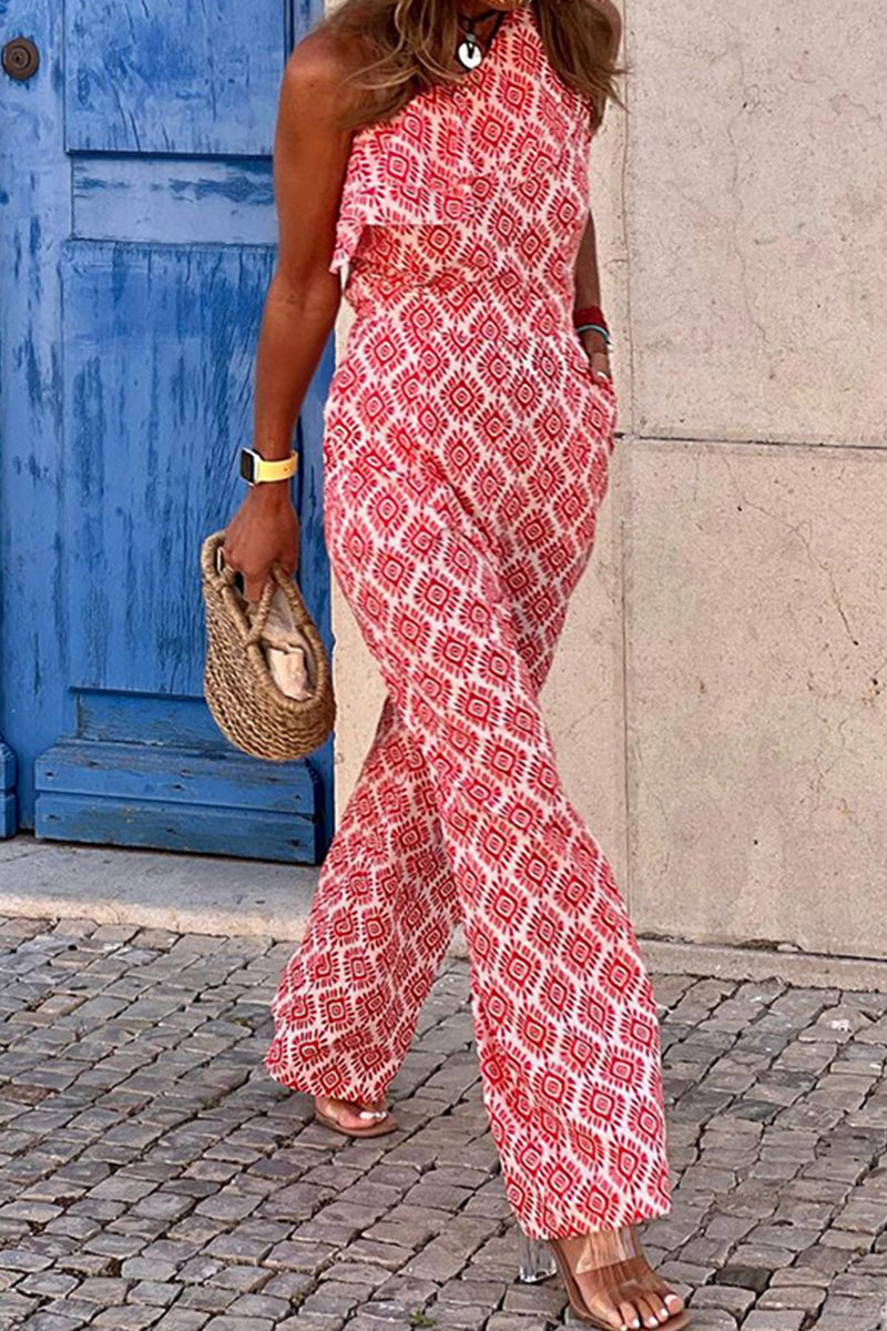 Sexig ärmlös bohemisk volang jumpsuit för kvinnor
