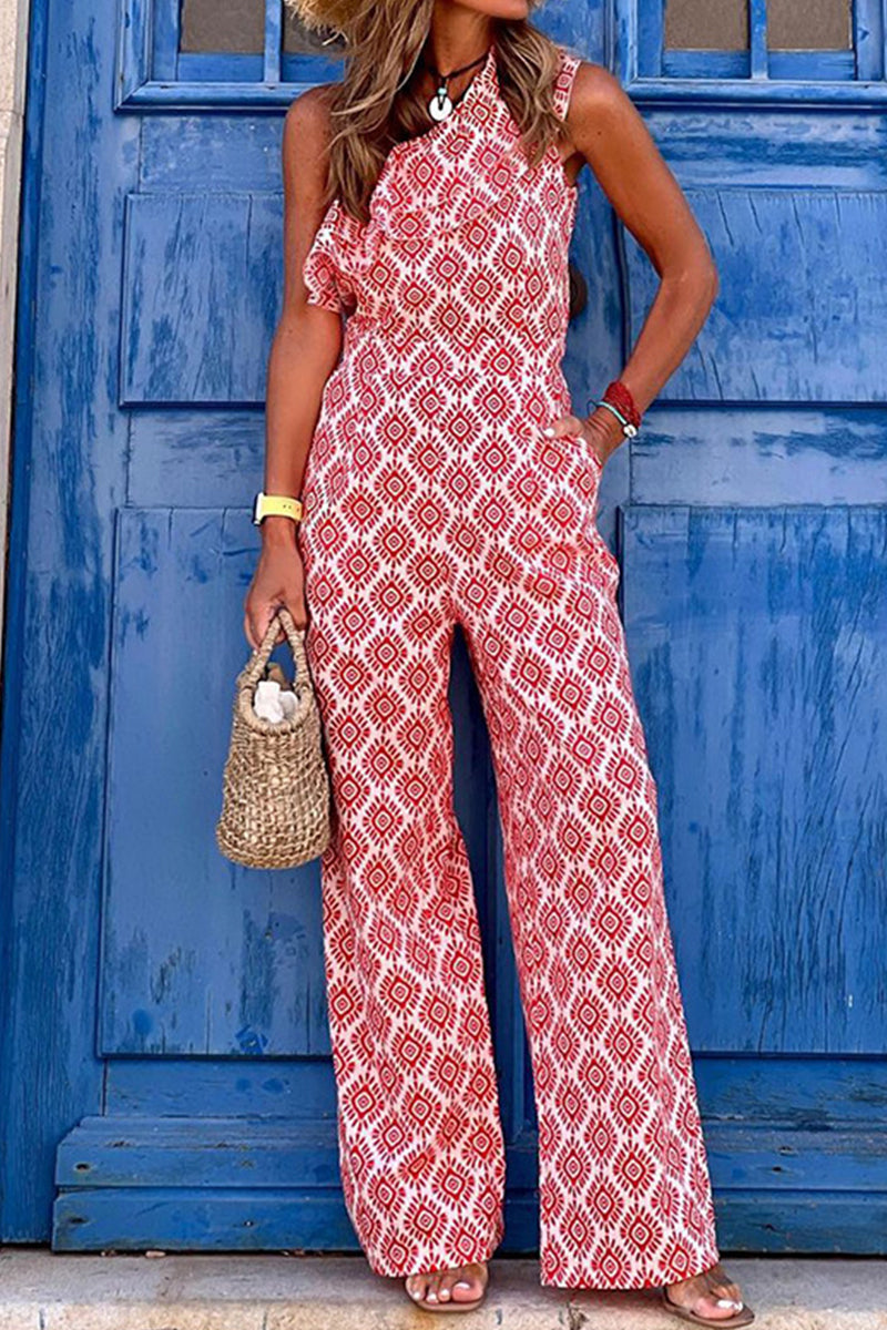 Sexig ärmlös bohemisk volang jumpsuit för kvinnor
