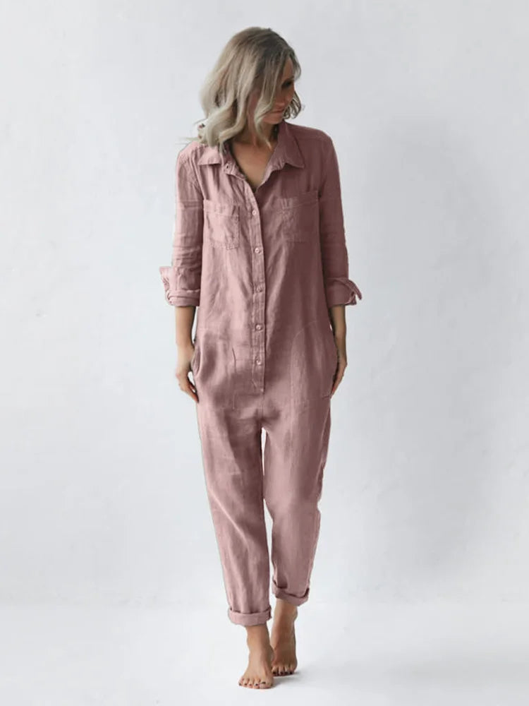 Avslappnad jumpsuit med knappar för kvinnor