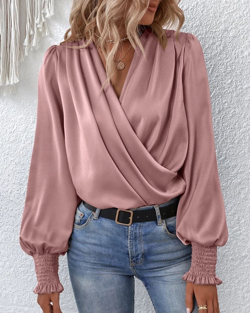 Snygg elegant v-ringad långärmad blus för kvinnor