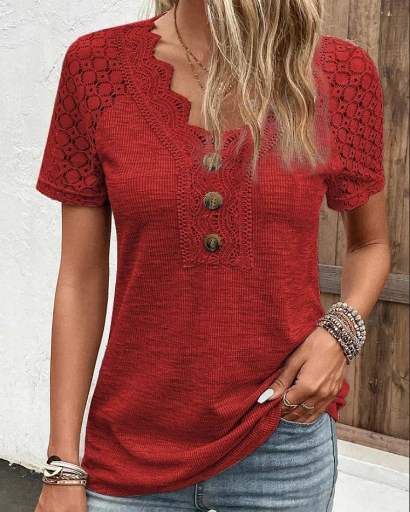 Elegant spets V-ringad knapp-t-shirt för kvinnor