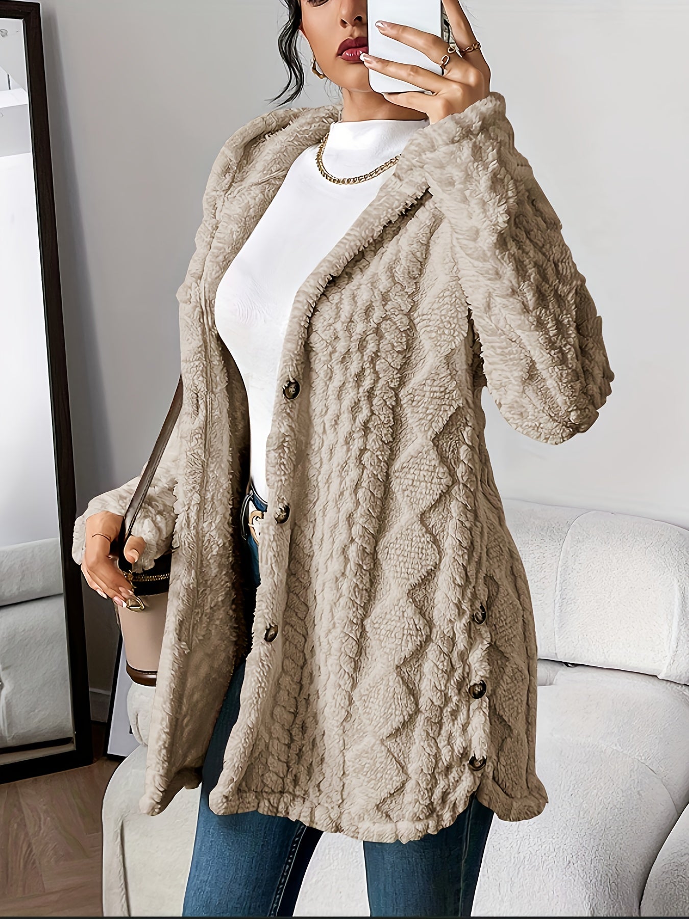 Snygg vinter avslappnad knapp-front fluffig hoodie jacka för kvinnor