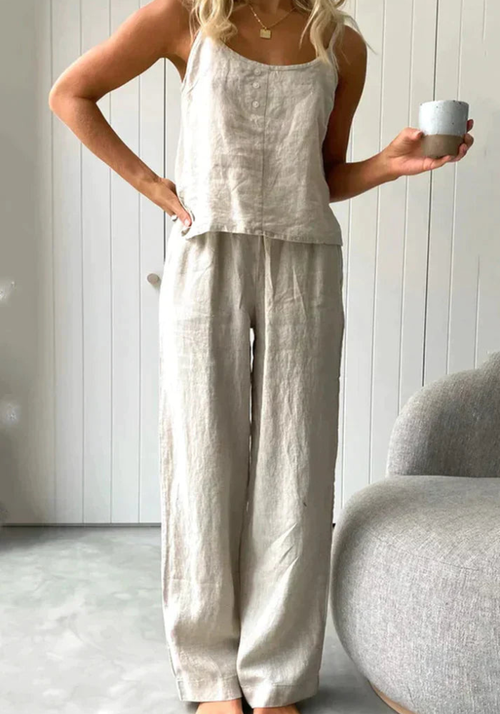 Avslappnat ärmlös topp och byxor set för kvinnor
