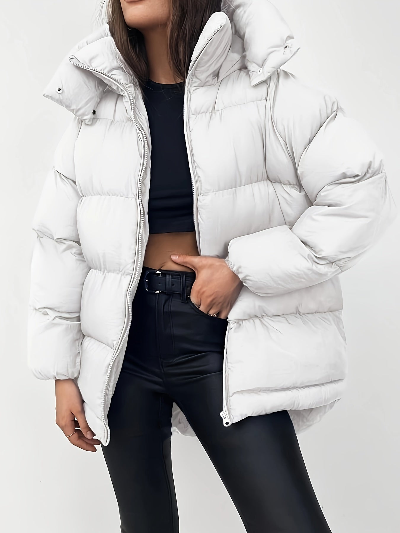 Elegant varm puffer vinterjacka med huva för kvinnor