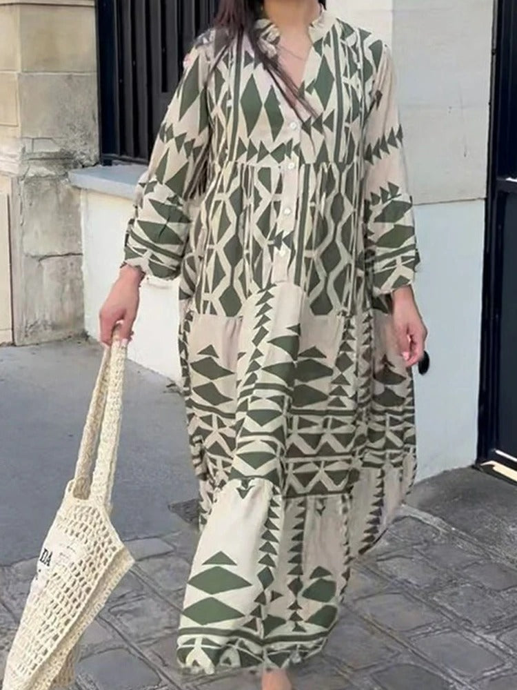 Lös långärmad boho-tryck lång klänning