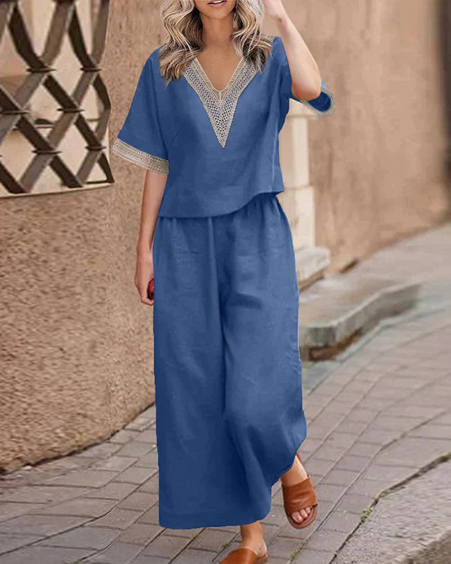 Snygg v-ringad blus och byxor elegant set för kvinnor