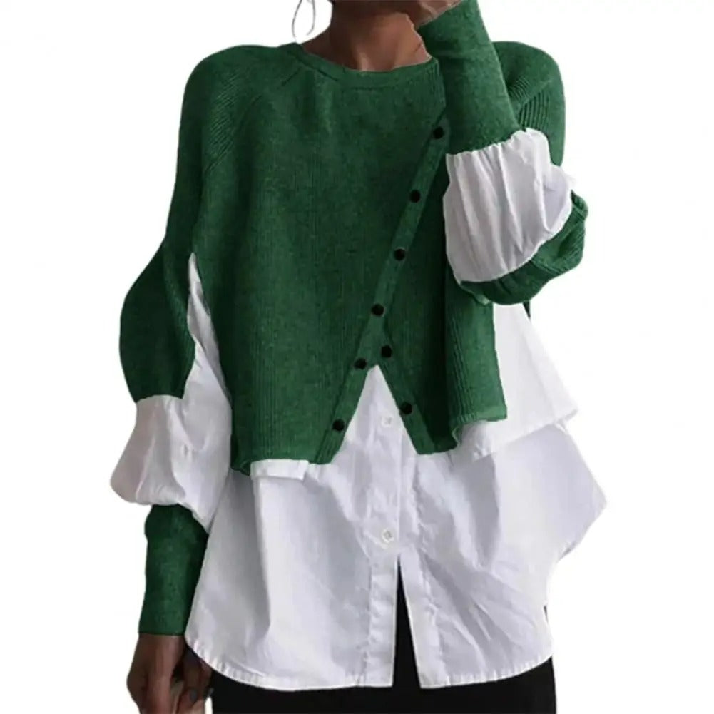 Snygg tröja med rund hals och patchwork för kvinnor