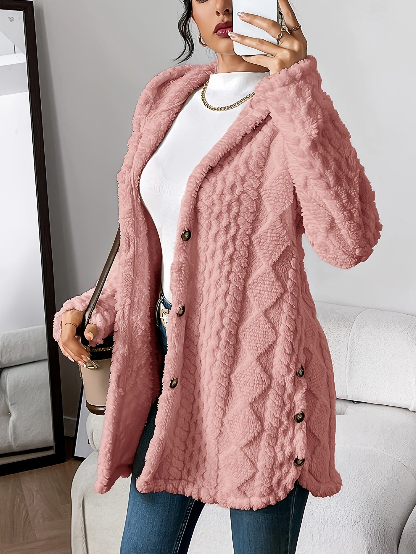 Snygg vinter avslappnad knapp-front fluffig hoodie jacka för kvinnor
