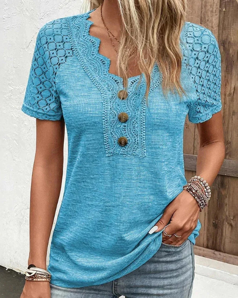 Elegant spets V-ringad knapp-t-shirt för kvinnor