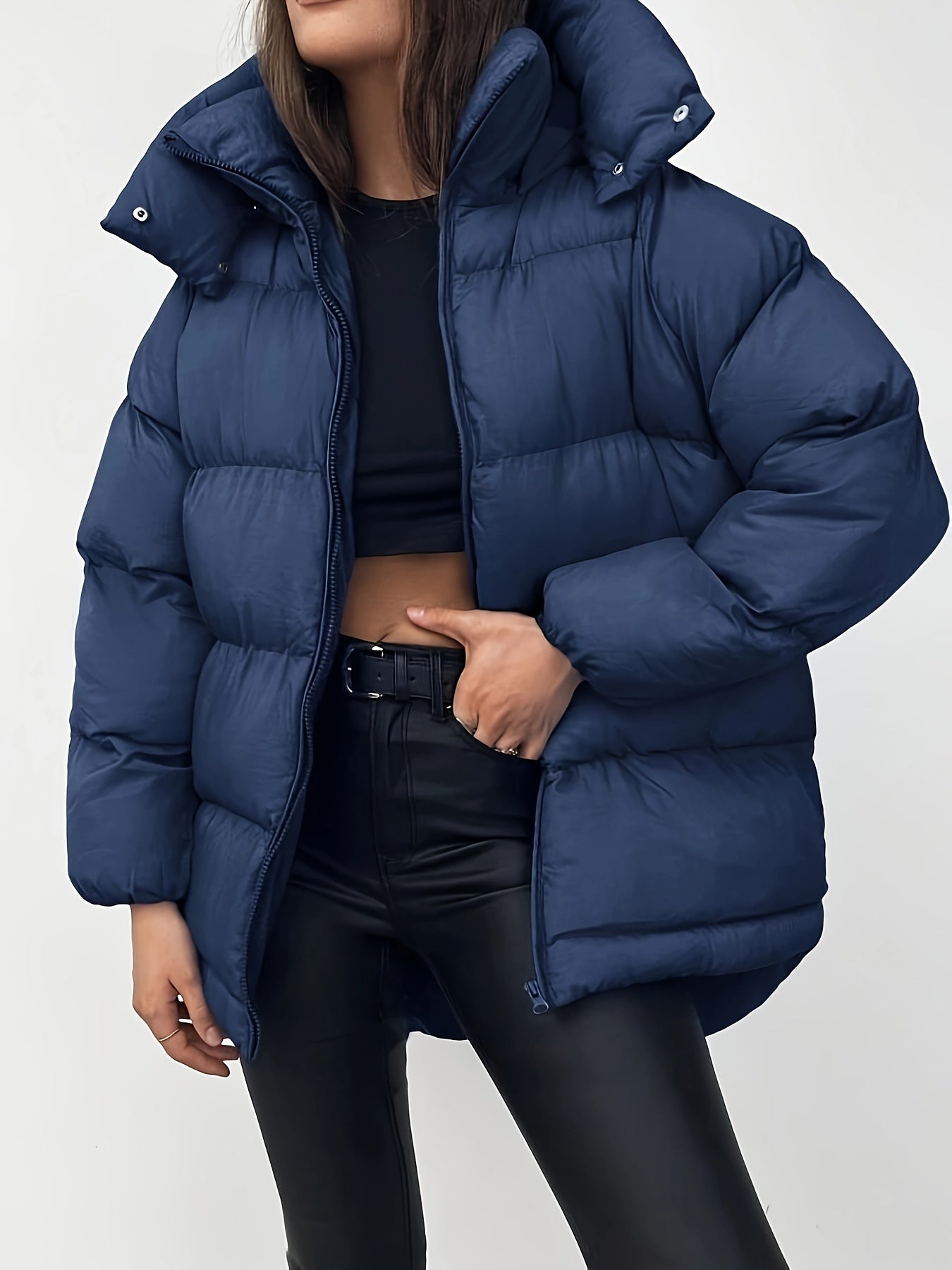 Elegant varm puffer vinterjacka med huva för kvinnor
