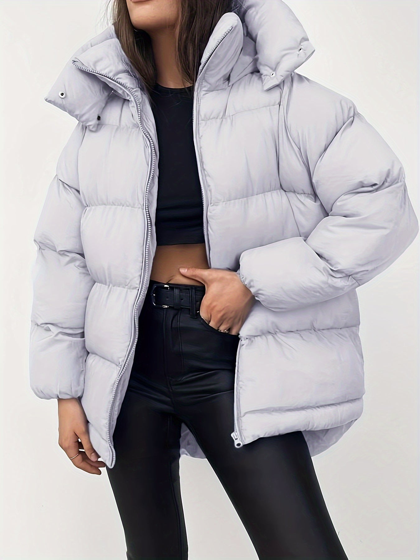 Elegant varm puffer vinterjacka med huva för kvinnor