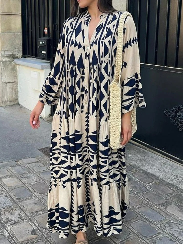 Lös långärmad boho-tryck lång klänning