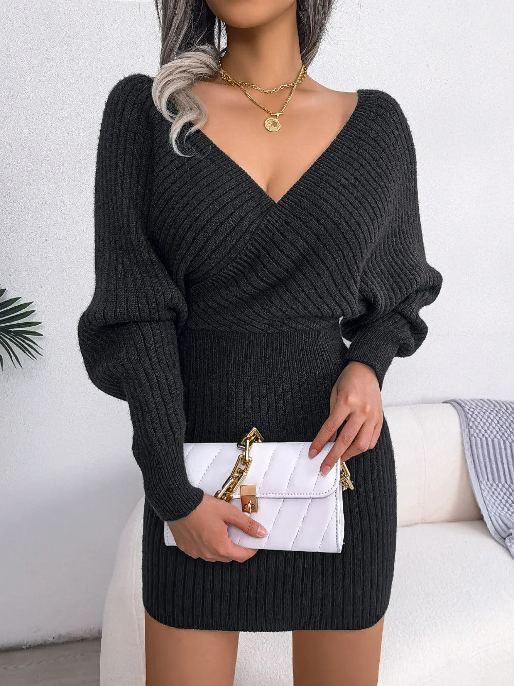 Korsad V-ringning Stickad Off-Shoulder Sexig Klänning