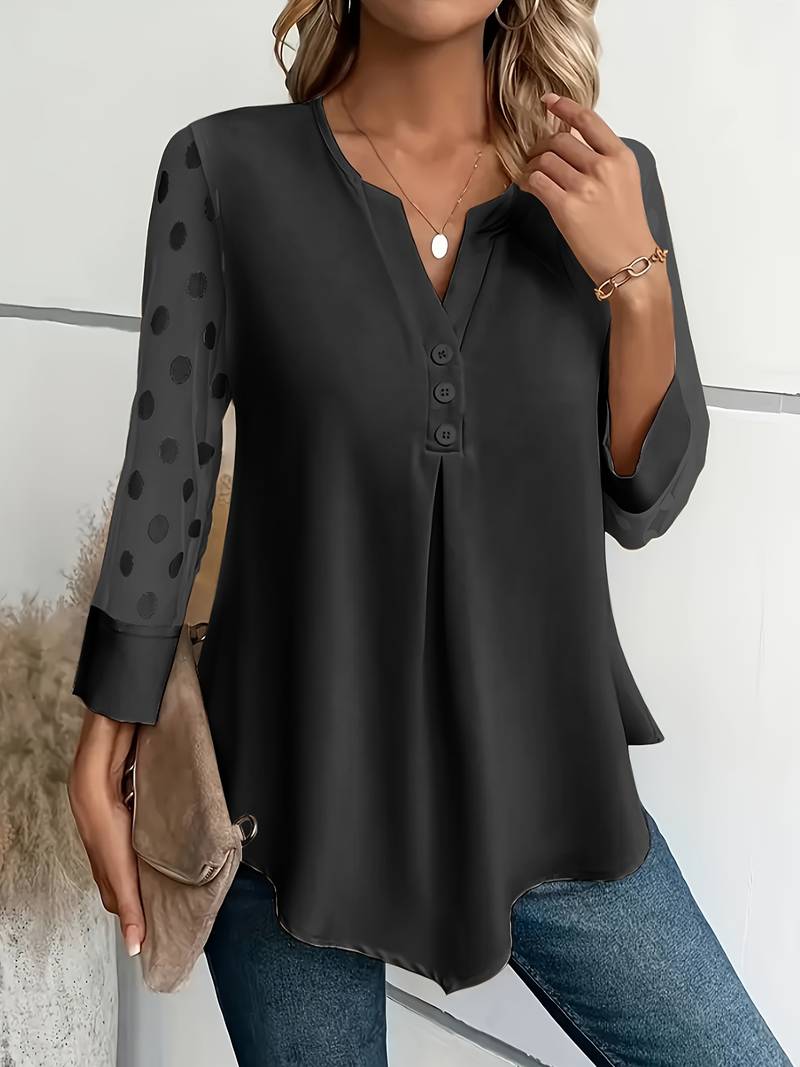 Elegant V-ringad blus med prickiga ärmar för kvinnor