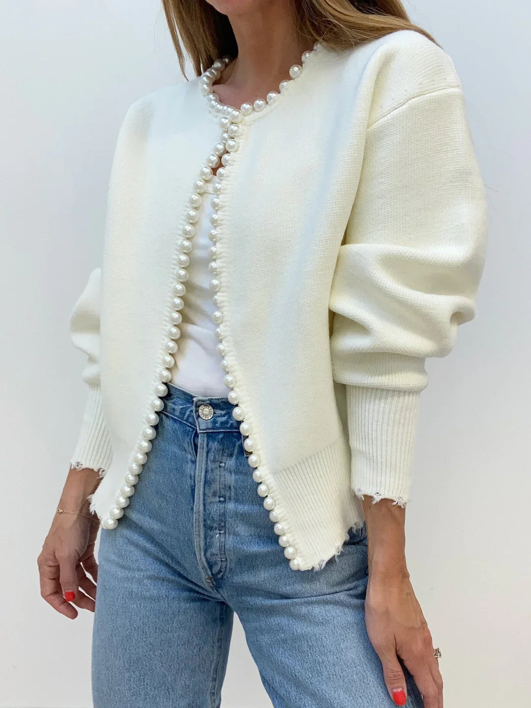 Elegant cardigan tröja med pärlor för kvinnor