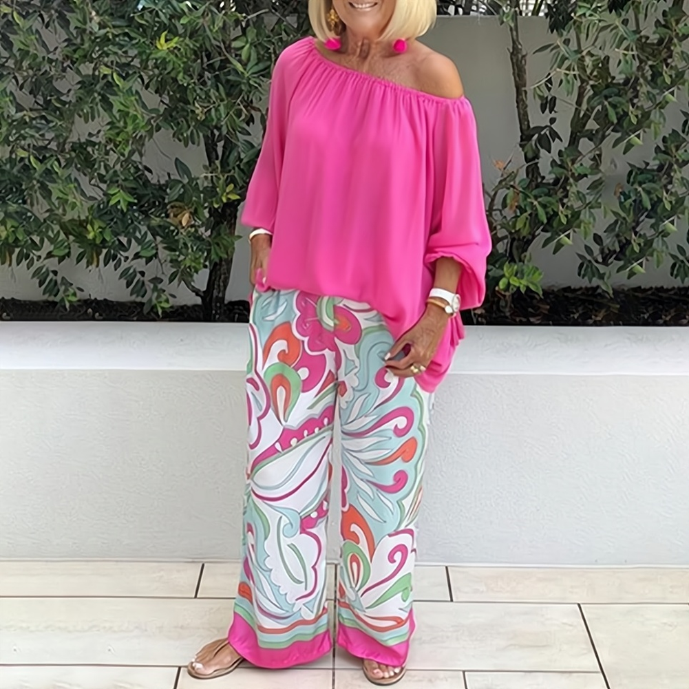 Off-shoulder blus och byxor med snyggt tryck set för kvinnor