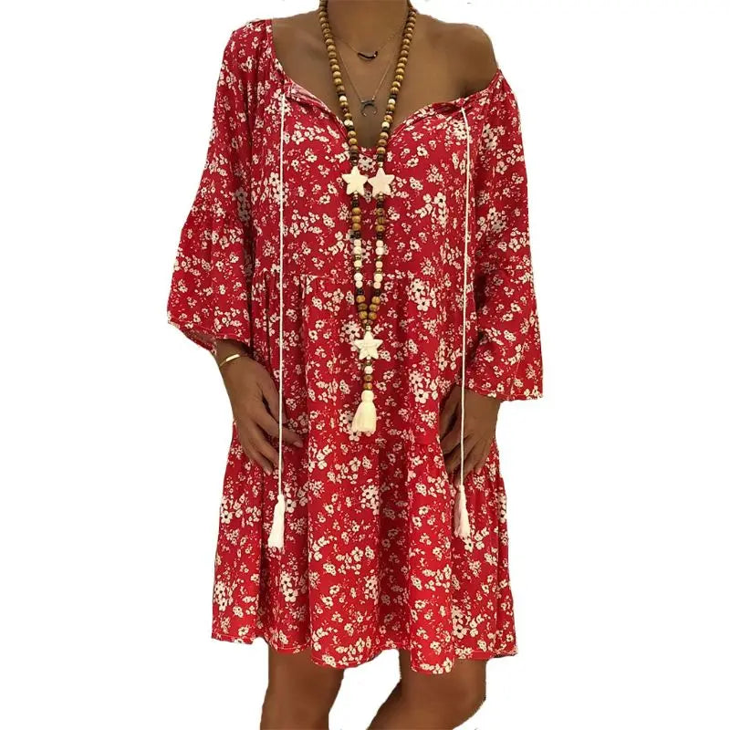 Vintage snygg boho blommigt tryck lös långärmad klänning för kvinnor