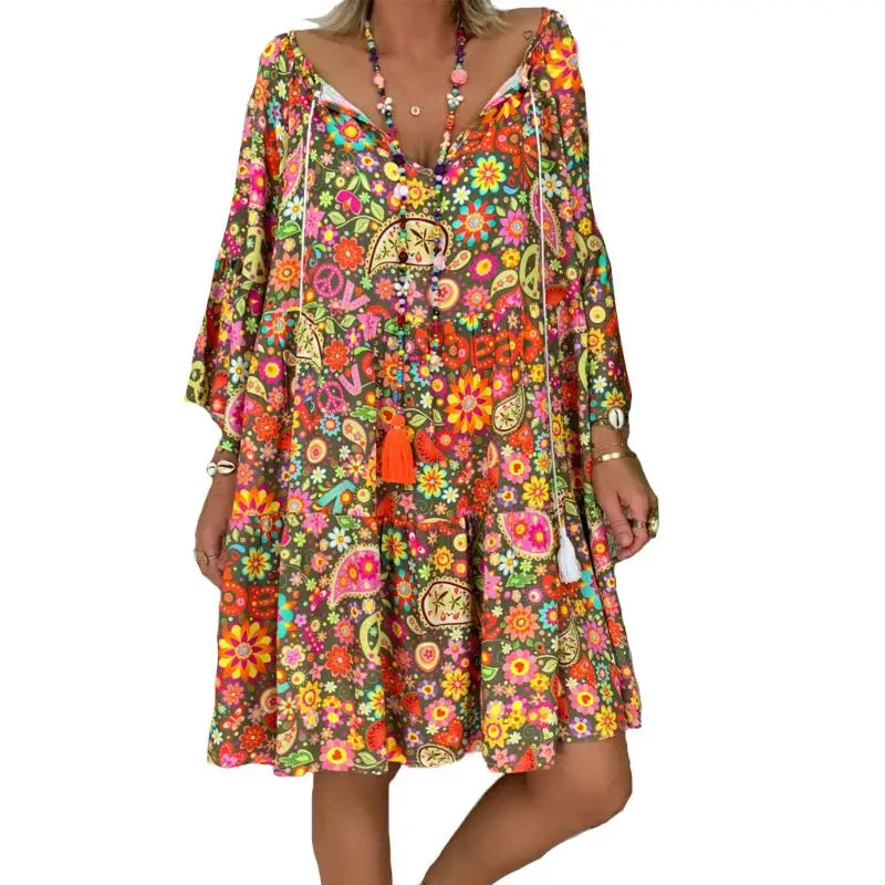 Vintage snygg boho blommigt tryck lös långärmad klänning för kvinnor