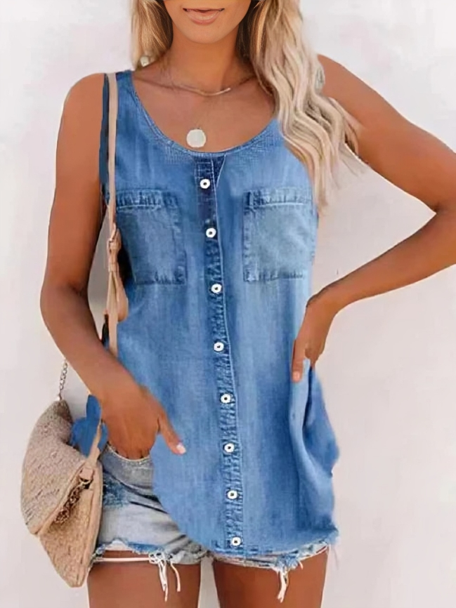 Denim armlös knappblus för kvinnor
