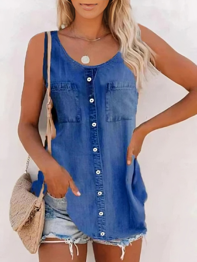 Denim armlös knappblus för kvinnor