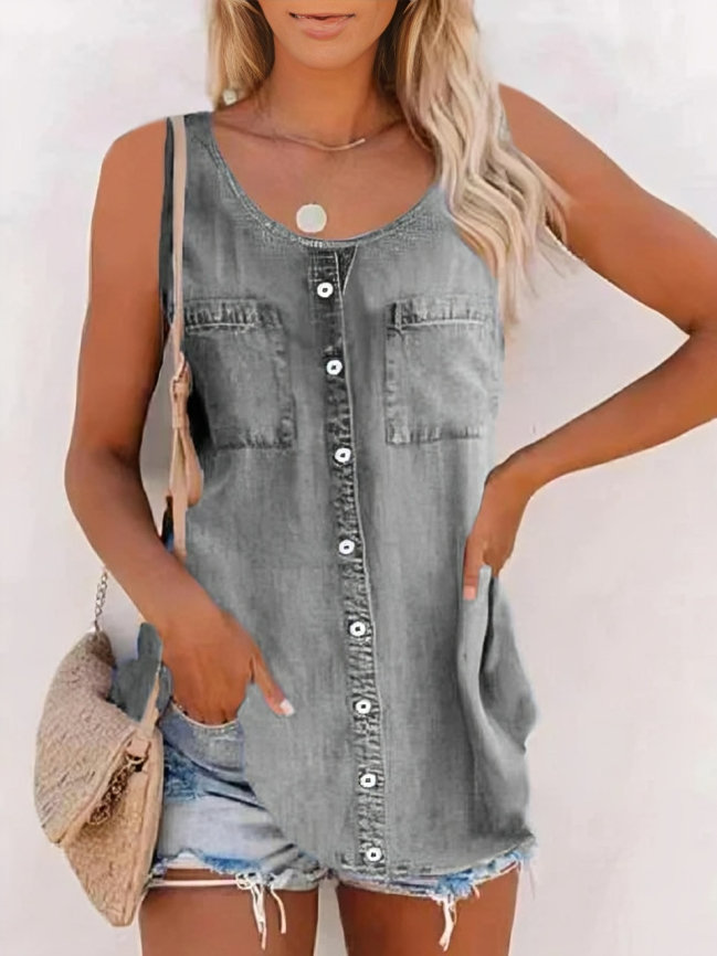 Denim armlös knappblus för kvinnor