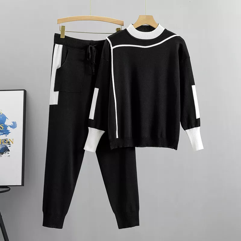 Avslappnad stickad patchworktröja och byxor set för kvinnor