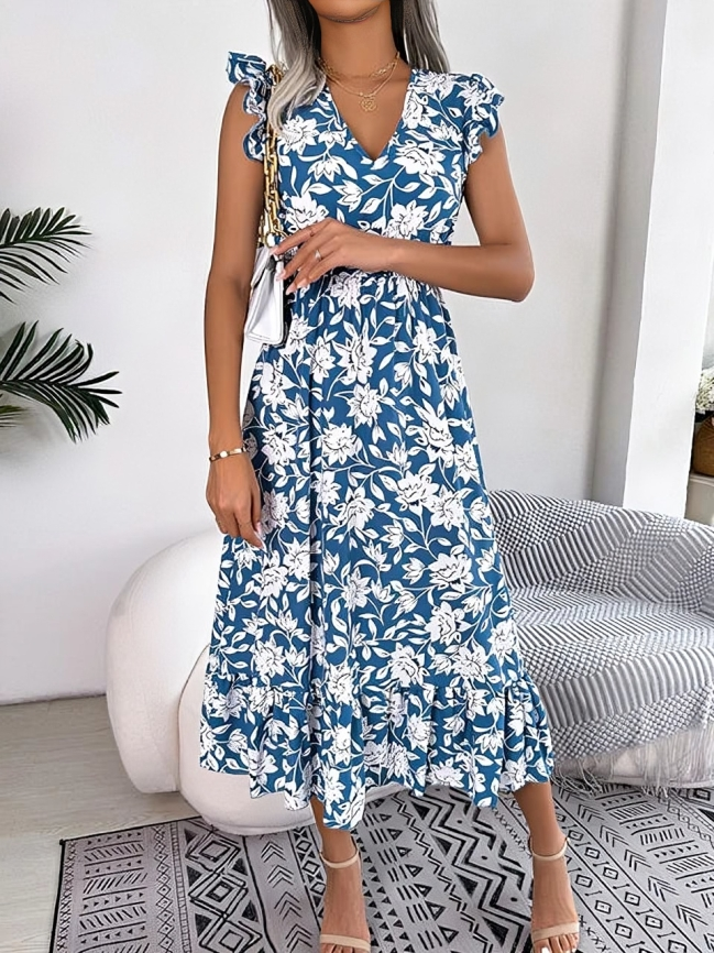 Blommig elegant midiklänning för kvinnor