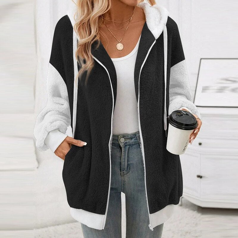 Mysig fleece vinterjacka med huva för kvinnor