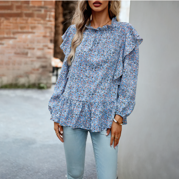 Elegant stilfull blommig långärmad blus för kvinnor