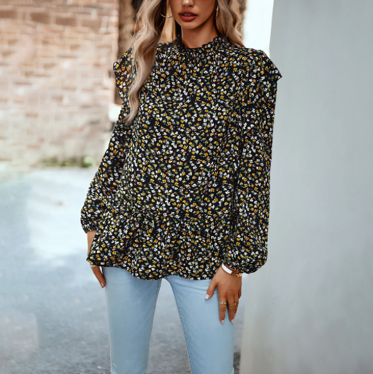 Elegant stilfull blommig långärmad blus för kvinnor