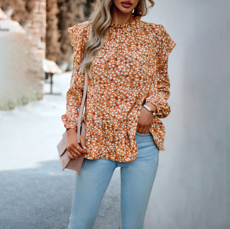 Elegant stilfull blommig långärmad blus för kvinnor