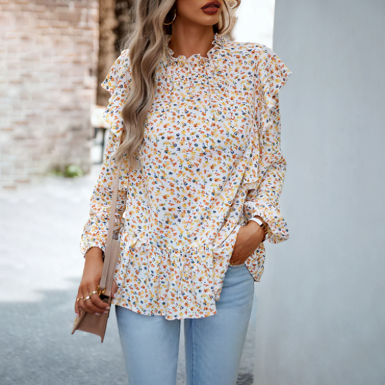 Elegant stilfull blommig långärmad blus för kvinnor