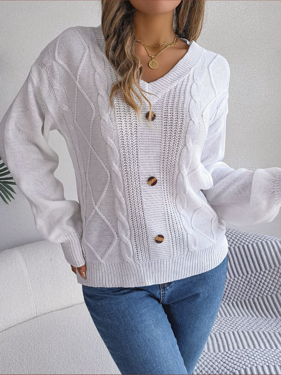 Mysig snygg stickad tröja med knappdesign för kvinnor