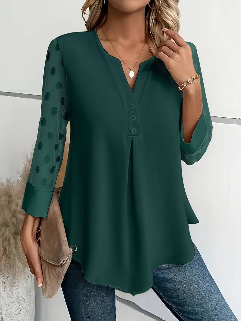 Elegant V-ringad blus med prickiga ärmar för kvinnor