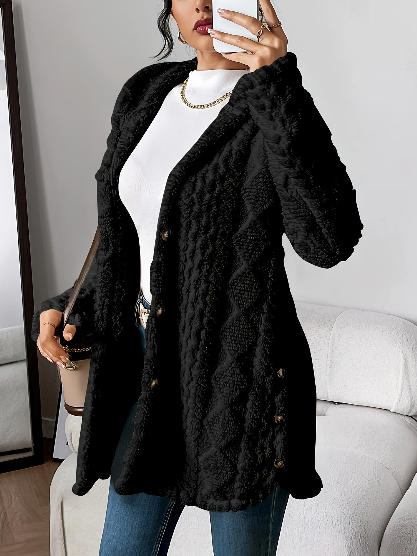 Snygg vinter avslappnad knapp-front fluffig hoodie jacka för kvinnor