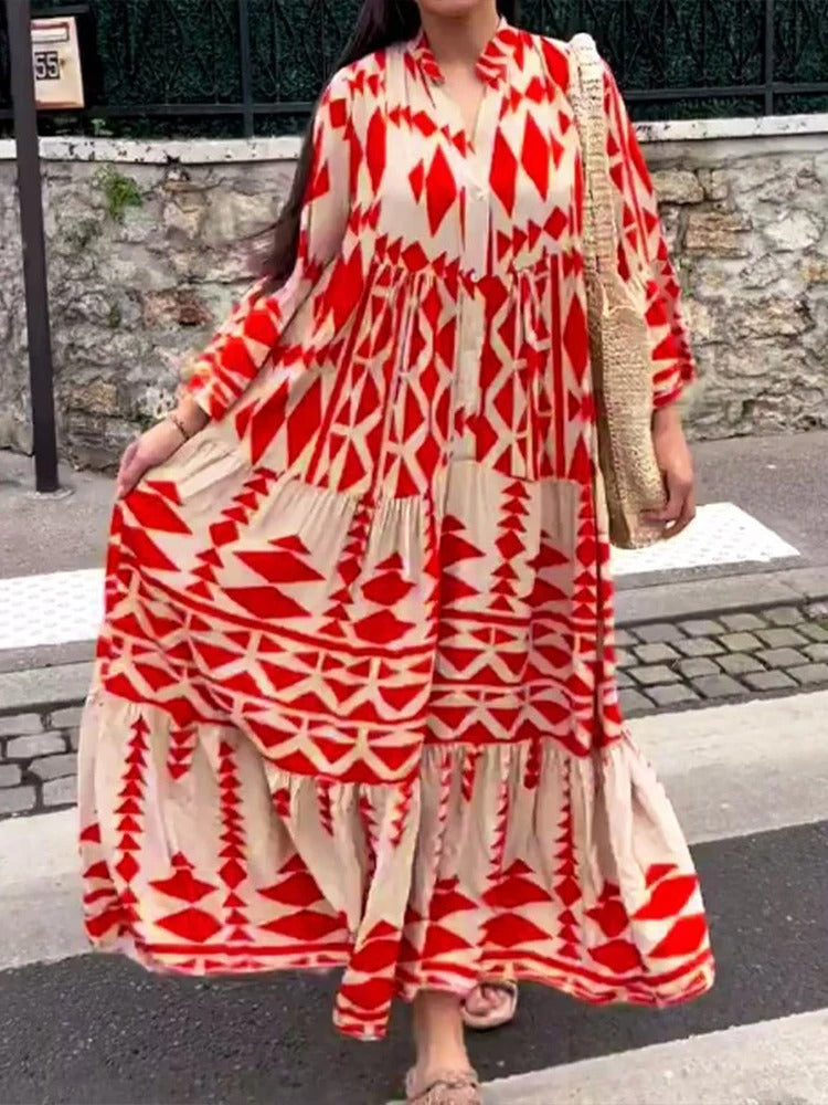 Lös långärmad boho-tryck lång klänning