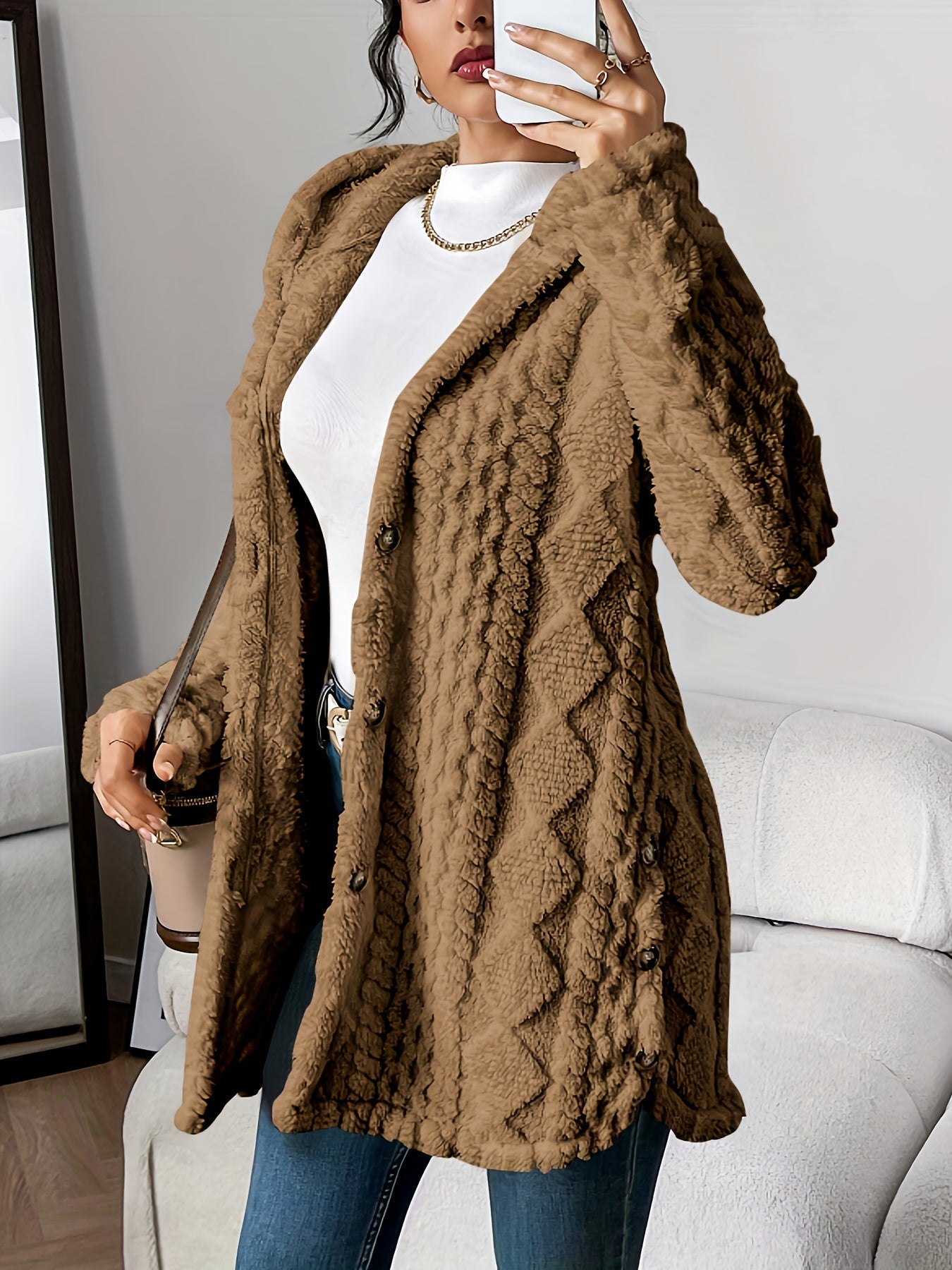 Snygg vinter avslappnad knapp-front fluffig hoodie jacka för kvinnor