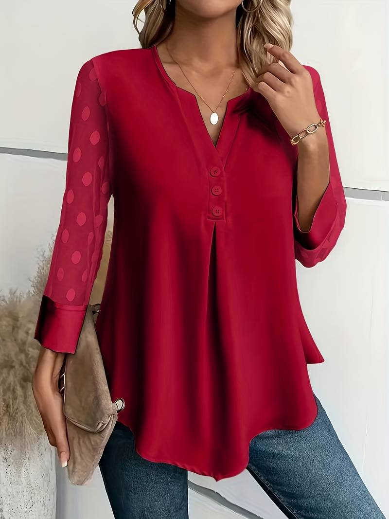 Elegant V-ringad blus med prickiga ärmar för kvinnor