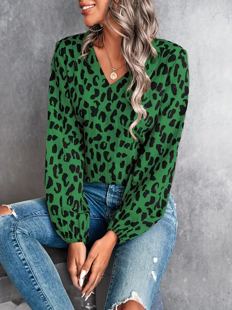 Casual leopardmönstrad blus med v-ringning och långa ärmar för kvinnor