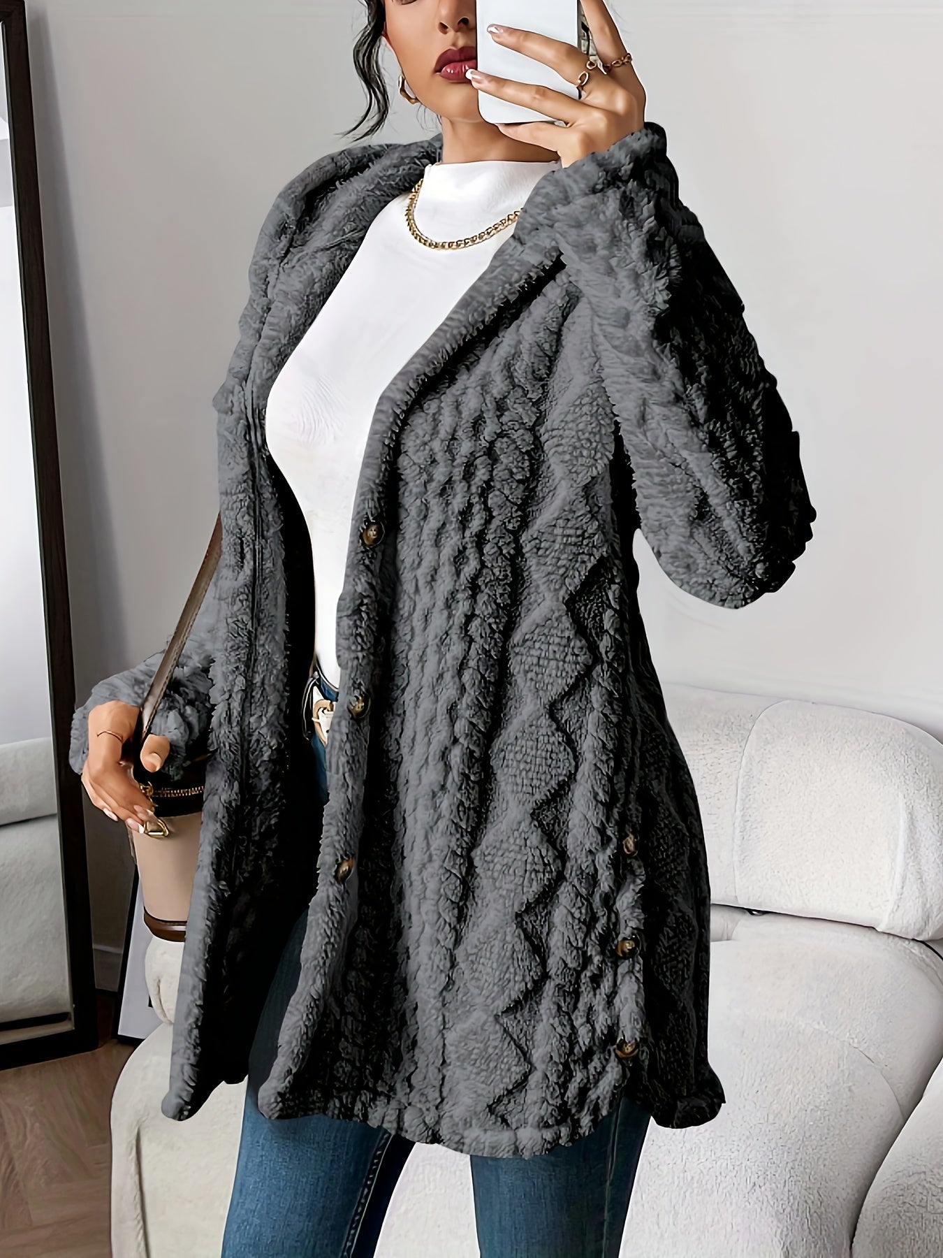 Snygg vinter avslappnad knapp-front fluffig hoodie jacka för kvinnor