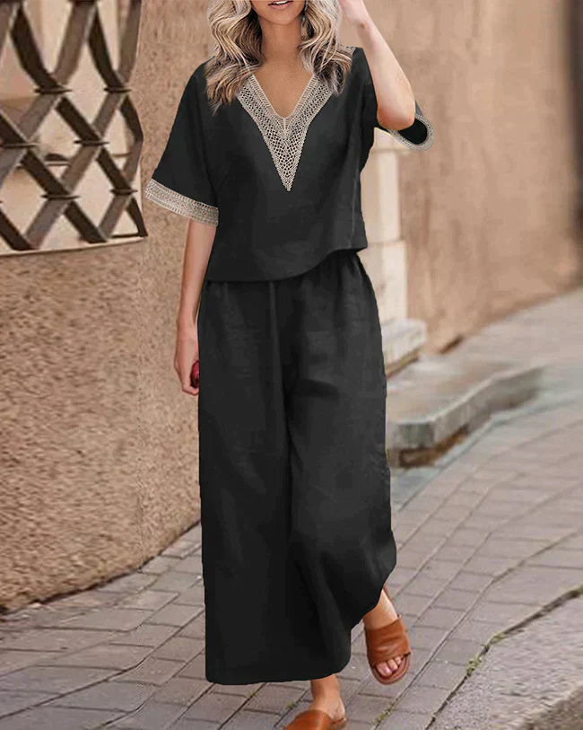 Snygg v-ringad blus och byxor elegant set för kvinnor