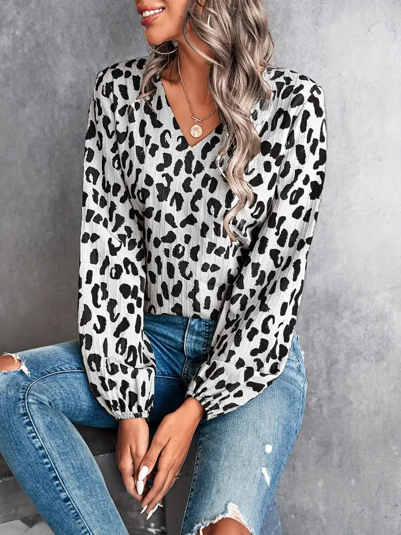 Casual leopardmönstrad blus med v-ringning och långa ärmar för kvinnor
