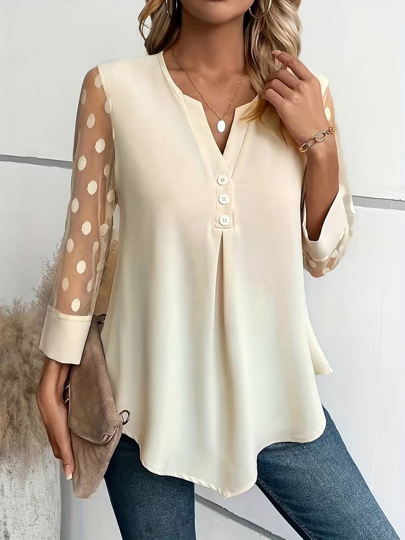 Elegant V-ringad blus med prickiga ärmar för kvinnor