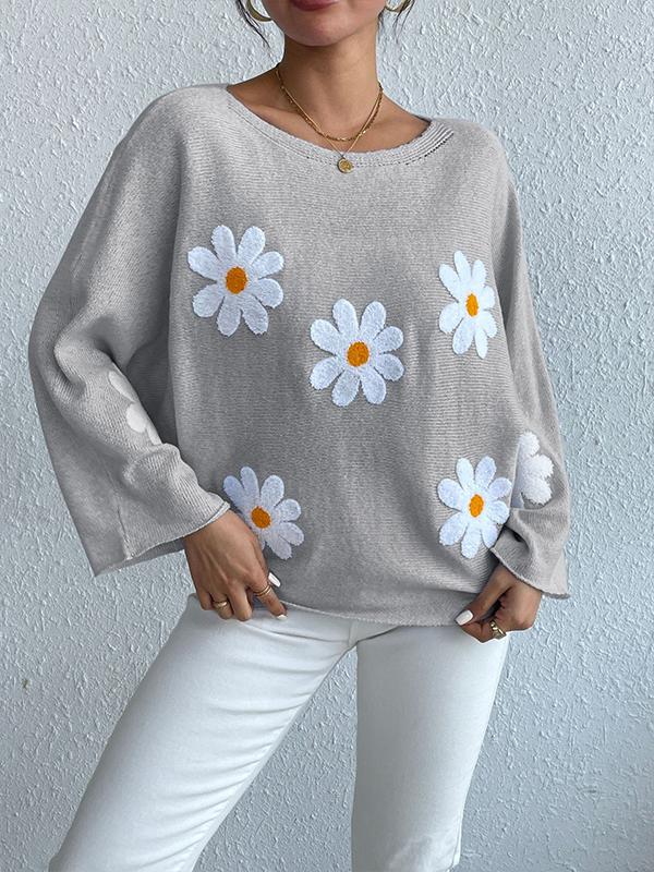 Löst varm broderad blommig tröja för kvinnor