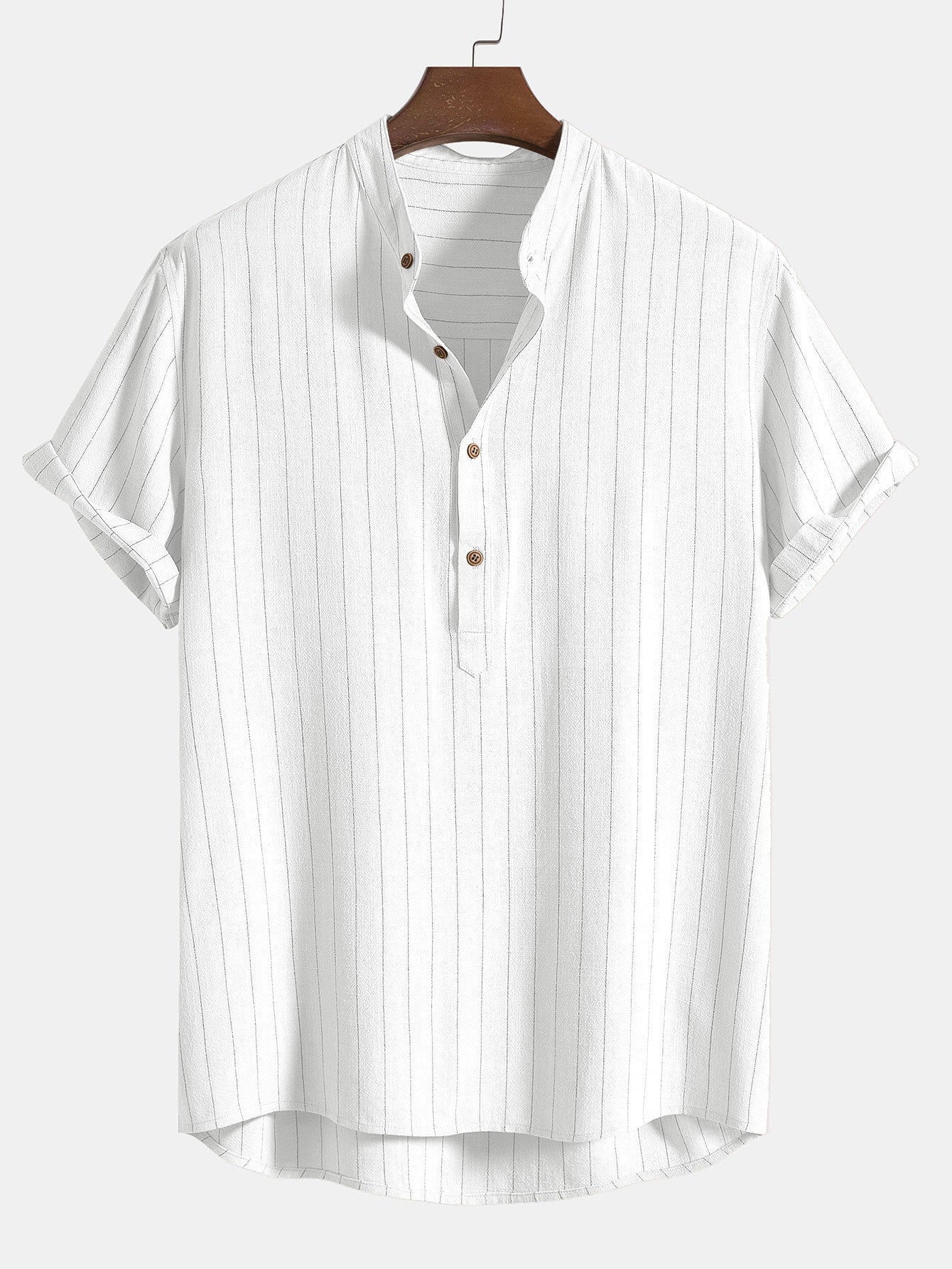 Linen Blend Striped Half Open Placket Henley Collar Shirt & Straight Leg Linen Pants