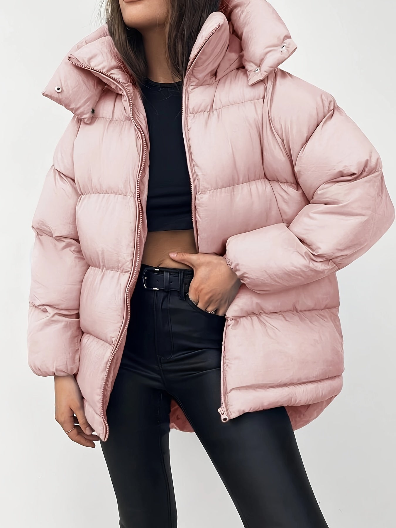 Elegant varm puffer vinterjacka med huva för kvinnor