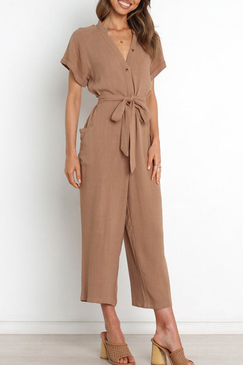 Elegant kortärmad V-ringad knappförsedd jumpsuit med bälte för kvinnor