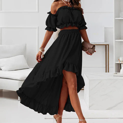 Elegant Off-Shoulder Crop Top och Kjolset med Volanger för Kvinnor